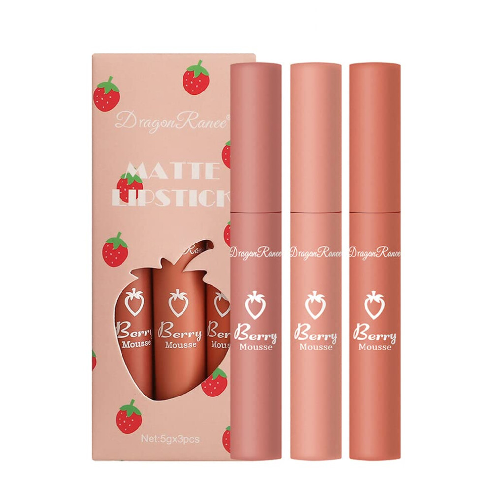 3 Pcs Matte Liquid Lipstick Set with LongLasting Velvet Matte Lip Gloss, Waterproof Nude Shades