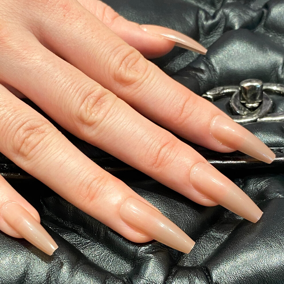 Cream Medium Long Ballerina Coffin Press On Nails Glossy Nude Opaque False Nails Kit With Glue