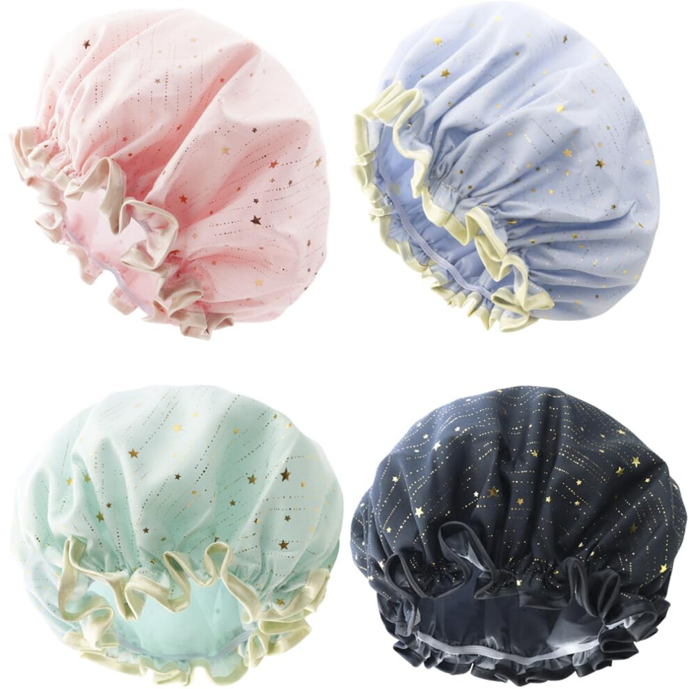 4 Pack Shower Caps for Women, Double Layer Waterproof Reusable Bath Hair Cover with Elastic Fit-image-OPC-PQVQP7G-NEW