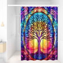 Douchegordijn met Levensboommotief in boho-stijl, glas-in-loodmotief, wasbaar, set van wasbare stoffen douchegordijnen (152 x 183 cm)