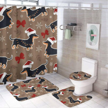 Schattige teckelpuppy 4-delige douchegordijnset met vloerkleed, toiletbrilhoes en U-vormige mat, antislip, 183 x 183 cm, past bij de feestdagen.