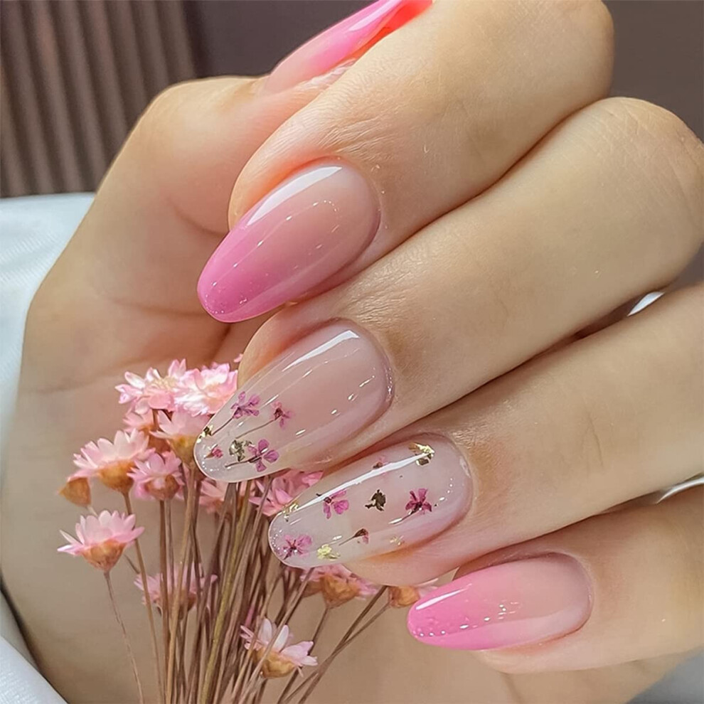 Pink Almond Press On Nails Set with Flower Design, Gradient Fake Nails, Reusable and Longlasting