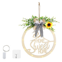 12-Zoll-Holz-Türkranz „Sweet Home“ mit LED-Beleuchtung, rustikales Vintage-Sonnenblumen-Willkommensschild für die Haustür, Einzugsgeschenk