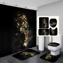 4-delige tijger douchegordijnset - Waterdicht polyester badgordijn, badmat, dekselhoes en haken, 71x71 inch, badkamerdecoratie met wilde dieren