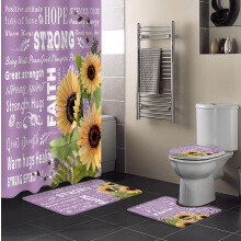 4-teiliges Duschvorhang-Set mit Sonnenblumenmotiv, inklusive rutschfester Matte, WC-Deckel und Badematte, rosa, mit 12 Haken und inspirierenden