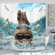 AUMIY Grappige Piratenkat Douchegordijnvoering Coole Kat Rijdend Op Haai Walvis In Universum Melkweg Hilarisch Stoffen Douchegordijn Waterdicht