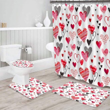 4-delige 3D-douchegordijnset met hartjes (180 x 180 cm), waterdicht polyester, antislipmat, toiletbrilhoes en badmat + 12 haken, perfect voor
