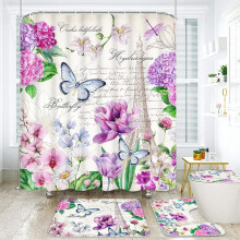 4-delige douchegordijnset met Parijse Eiffeltoren, inclusief antislipmat, douchegordijnhoes en haken, met paarse lente-, vlinder- en bloemenprint.