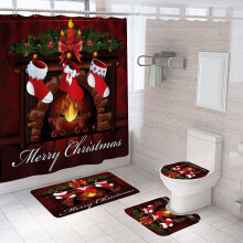 Gnobogi 4-delige kerstbadkamerset met douchegordijn, vloerkleed, toiletbrilhoes en badmat - met kerstman, kerstboom, sneeuwpop en kabouter design.