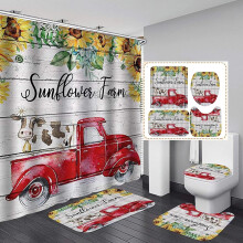 4-teiliges Duschset im Landhausstil mit Kuh-, LKW- und Sonnenblumenmotiven, inklusive rutschfester Teppiche, U-förmiger Matte, WC-Deckel und 12