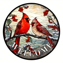 Welkomstkrans met winterse kardinaal en hulstbessen - Rustiek metalen, decoratief wanddecoratiebord met glas-in-loodmotief voor thuis, café of bar -