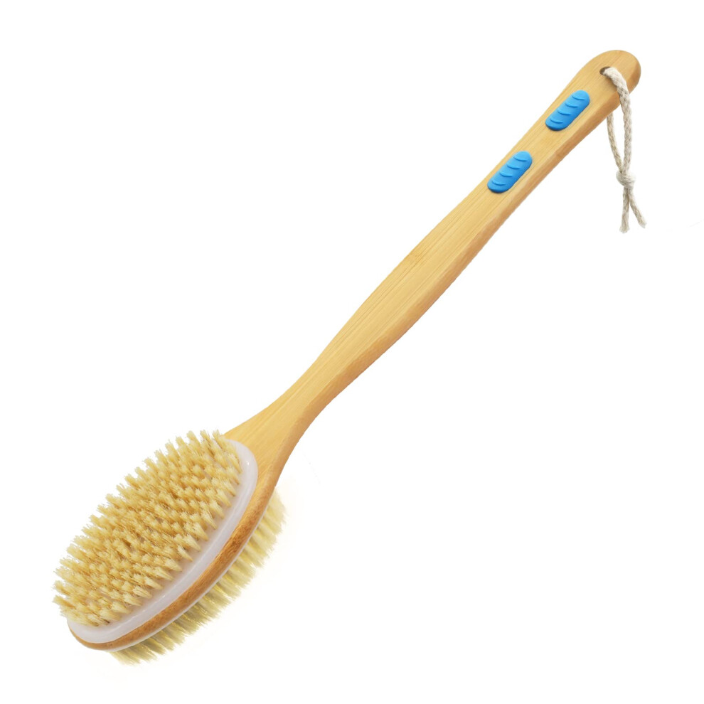 Back Brush with Long Wooden Handle, DoubleSided Shower Brush for Wet or Dry Use, Exfoliating Scrubber