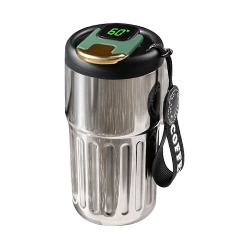Black new coffee thermos with temperature display, 410 ml keeps warm