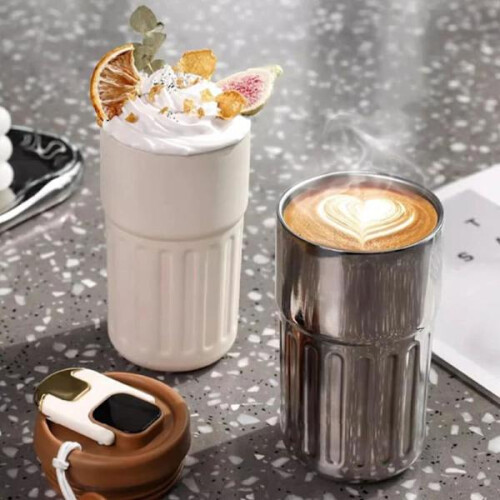 Black new coffee thermos with temperature display, 410 ml keeps warm 1