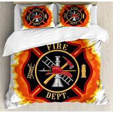 Fireman Duvet Cover Set, compatible with Fire Department design, 3PC bedding with 2 pillowcases, soft orange