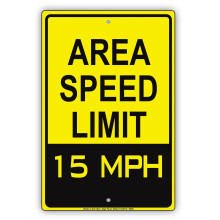 Fartsgrense i område: 15 MPH, miles per time, sone, advarsel om nedbremsing, forsiktighetsvarsel, skilt i metall og aluminium, størrelse: 8 x 12