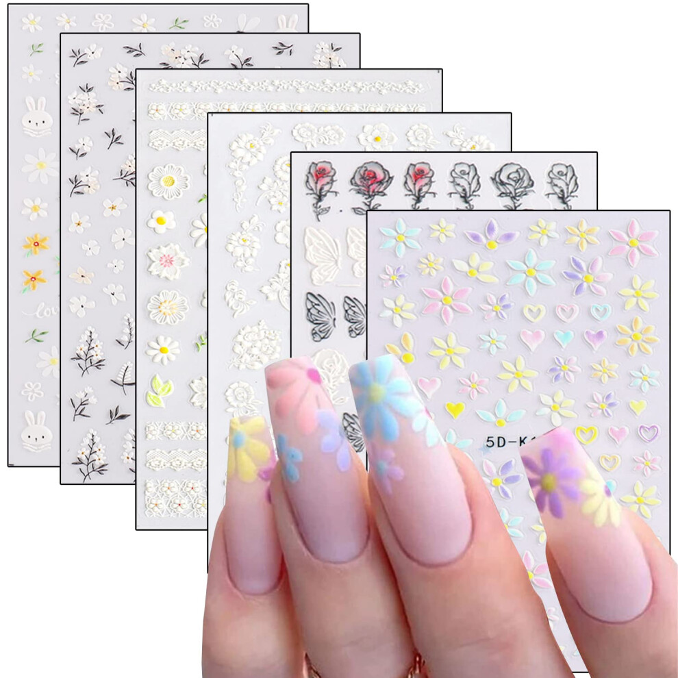 5D Nail Art Stickers with Holographic Floral Embossed Design, SelfAdhesive Daisy Rose Leaf Decals for DIY Manicure