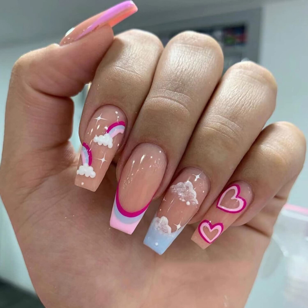 Rainbow French Tip Press On Nails Set 24pcs Reusable Glossy Full Cover Fake Nails for Women