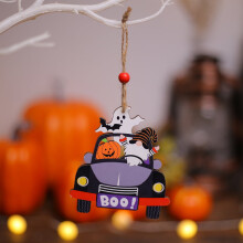 Enfeites de madeira para o Halloween, decoração de árvore com recorte de abóbora, pingentes vintage para pendurar em formato de carro,