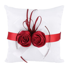 Ring-Samfox White Pillow Square Ring Pillow Wedding Props Wedding Accessories Wedding Supplies with Artificial Rose