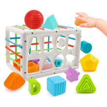 BreaDeep Baby Sensory Toys, Shape Sorter for 1-3 Year Olds, 14 Blocks & Storage Bin, Early Learning Toddler Toy for Fine Motor Skills, Boy Girl Gift