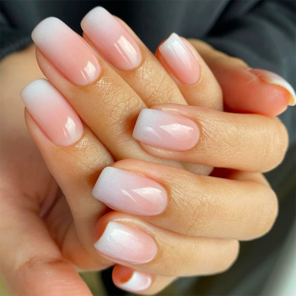 24pcs Pink Gradient Press On Nails with Glitter Butterfly Rhinestones, French Love Heart Acrylic Fake Nails