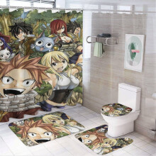 Fairy Tail 4-delige doucheset met antislipmatjes, toiletbrilhoes en badmat, waterdicht douchegordijn met cartoonprint + 12 haken, 183 x 183 cm