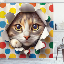 Ambesonne Kattendouchegordijn, Mischief Kitty Peeksstippen, 175 cm breed x 213 cm lang, meerkleurig