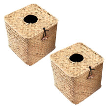 Square Seagrass Tissue Box Natural Handmade Straw Tissue Cover 2 Count