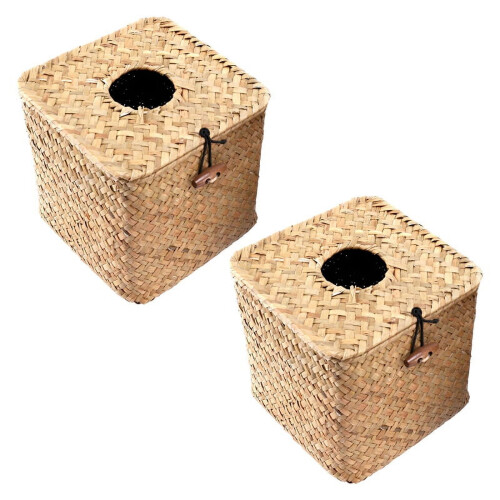 Square Seagrass Tissue Box Natural Handmade Straw Tissue Cover 2 Count