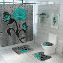 Yinrunx 4-delige badkamerset met waterdichte douchegordijnen, vloerkleden en accessoires met rozenmotief, geschikt voor standaard douches.