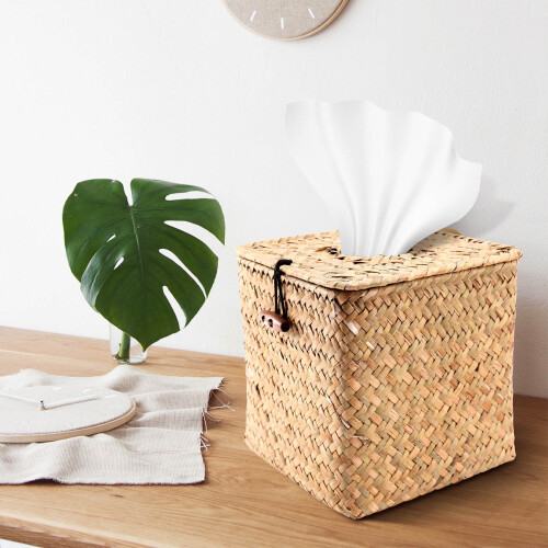Square Seagrass Tissue Box Natural Handmade Straw Tissue Cover 2 Count 1