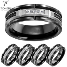 Tioneer Schwarz-Silber Tioneer Wolframcarbid-Zirkonia-Ehering für Damen und Herren, 8 mm, Gravur
