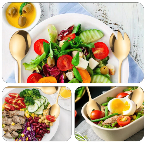 2Pcs Stainless Steel Serving Spoons Fruit Salad Spoons Salad Fork (Golden) 2