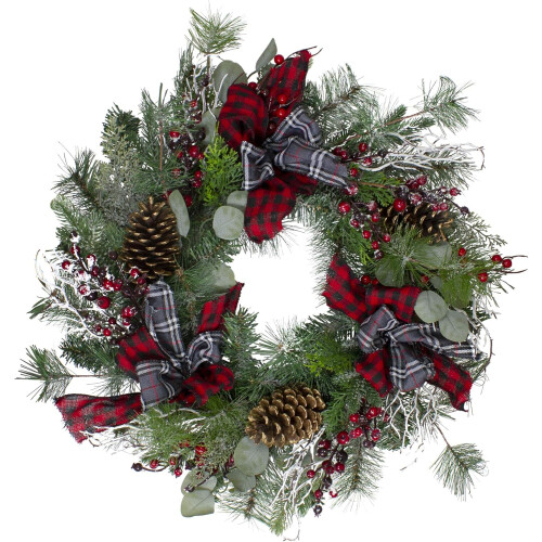 Künstlicher Weihnachtskranz mit Karomuster und Beeren – 61 cm – unbeleuchtet
