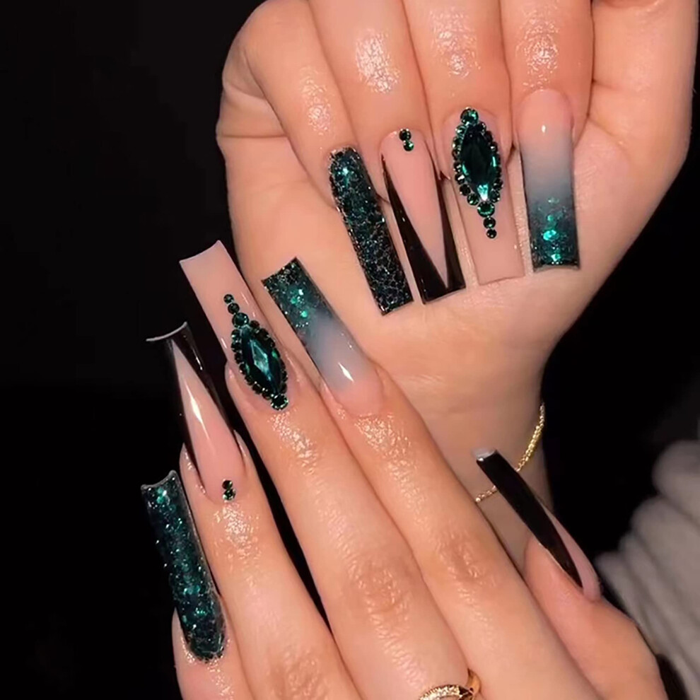 Green Press On Nails Coffin Shape With Rhinestones Glitter Medium Length Reusable False Nails Set