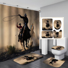 Set di 4 tende da doccia a tema cowboy con stivali, cavallo, teschio di mucca e cactus | Tappetino da bagno impermeabile e antiscivolo | Decorazione