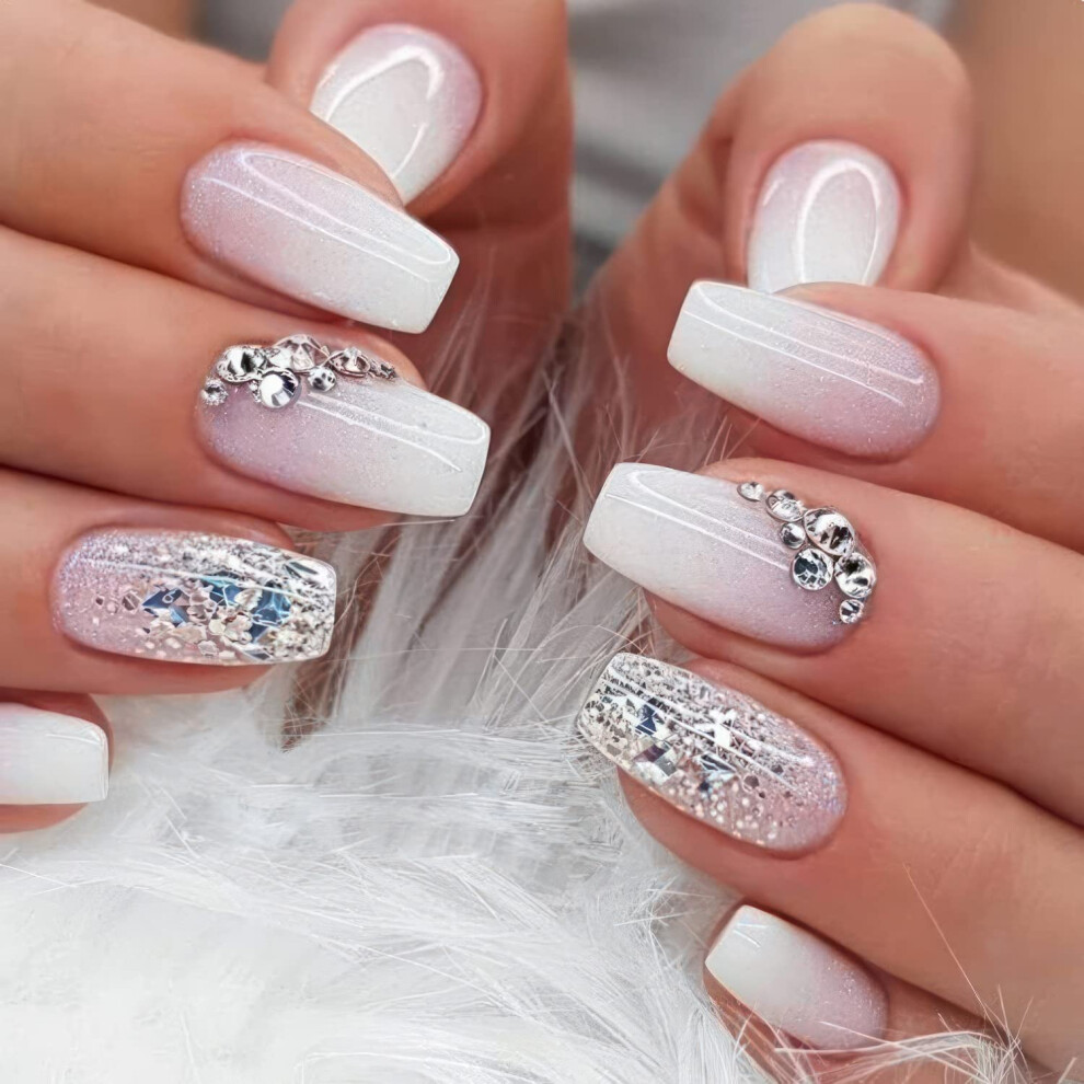 Pink,White Press On Nails Kit With Glue Pink White Medium Fake Nails With Rhinestones Longlasting Reusable Design 24Pcs
