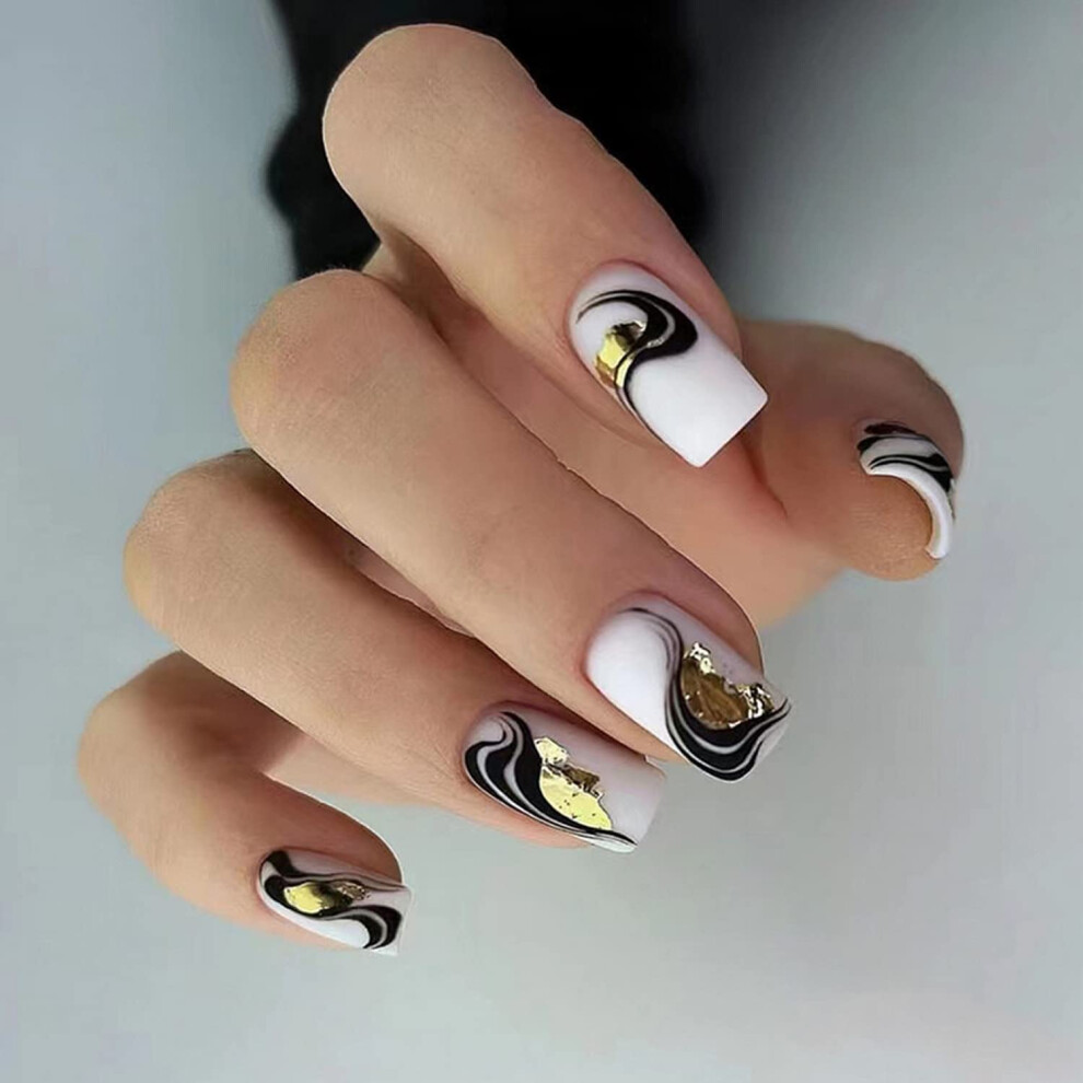 Press On Nails Kit with Glue Stickers, Medium Black White Swirl Fake Nails, 24pcs Acrylic Set