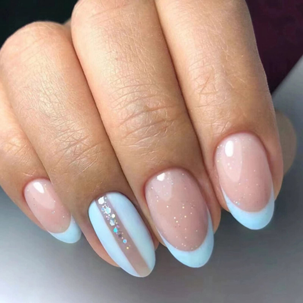 Medium Length Press on Nails Almond Shape Fake Nails Blue Glitter French Tip Salon Quality 24pcs