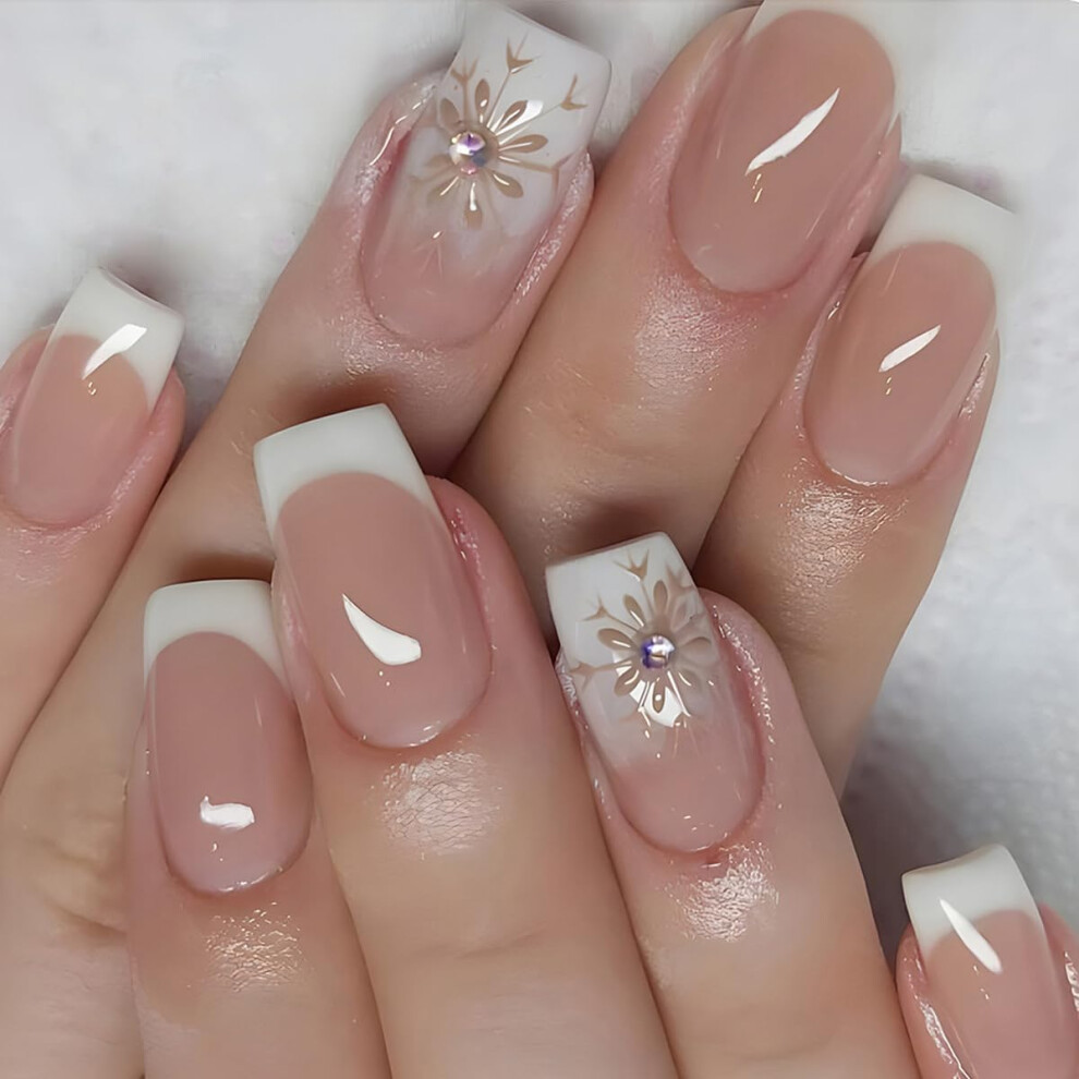 Cream French Coffin Press On Nails Snowflake Nude Fake Acrylic Nails Instant Salonstyle Manicure Kit