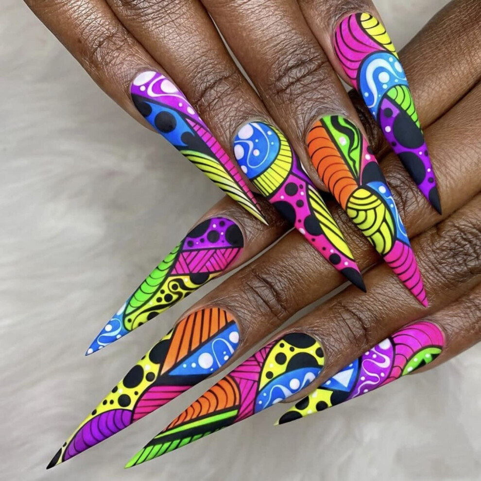 Long Stiletto Press On Nails 24pc Glossy Geometric Acrylic False Nail Set for Easy Salon Look
