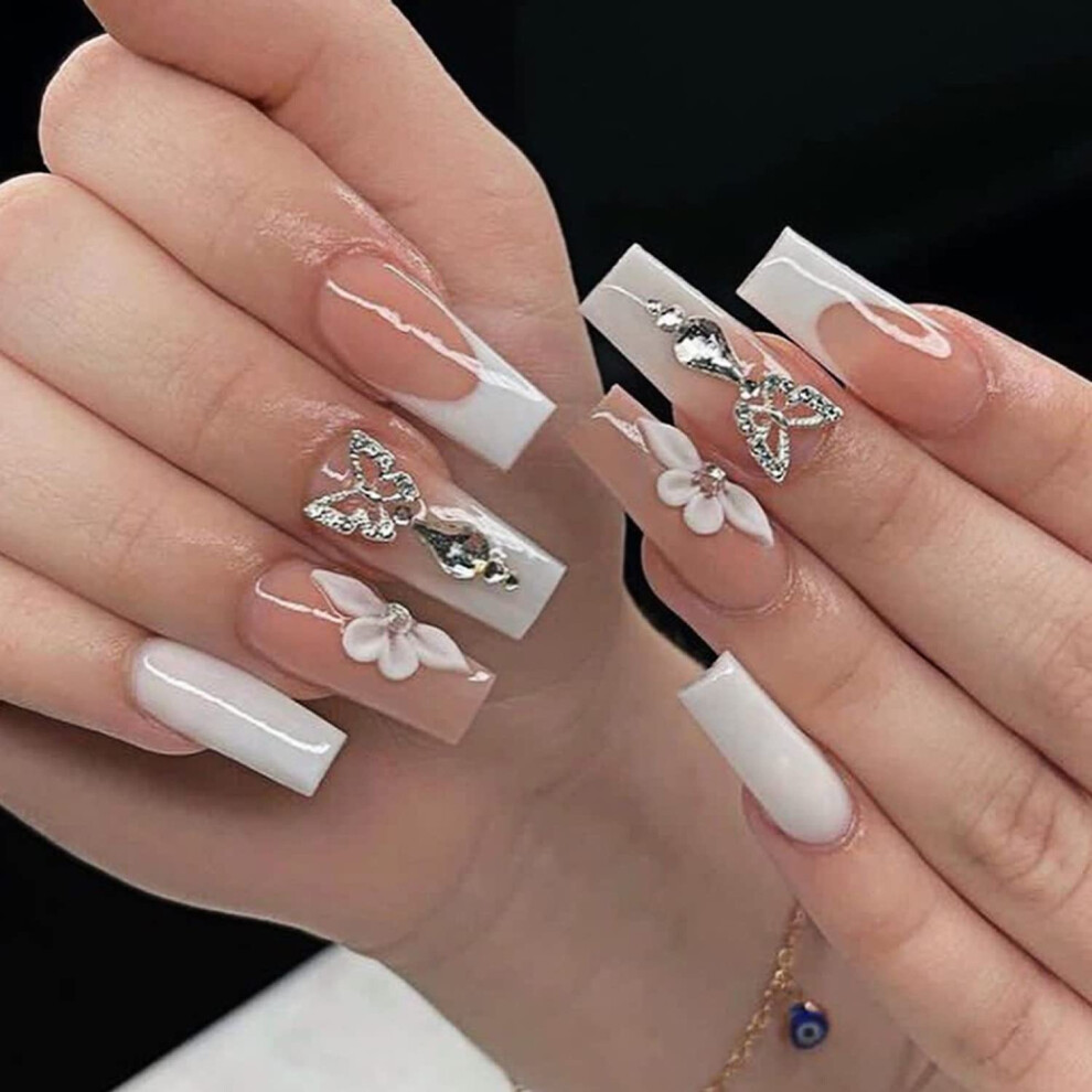 Long Coffin Press on Nails with Rhinestones Butterfly French Tip Fake Nails Set 24pcs