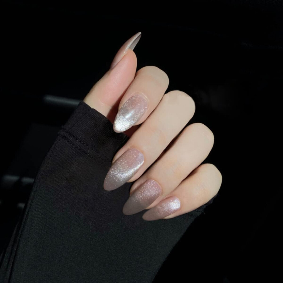 Almond Glitter Press On Nails Cat Eye Silver Fake Nails Reusable Soft Gel Salon Style Kit 24pcs