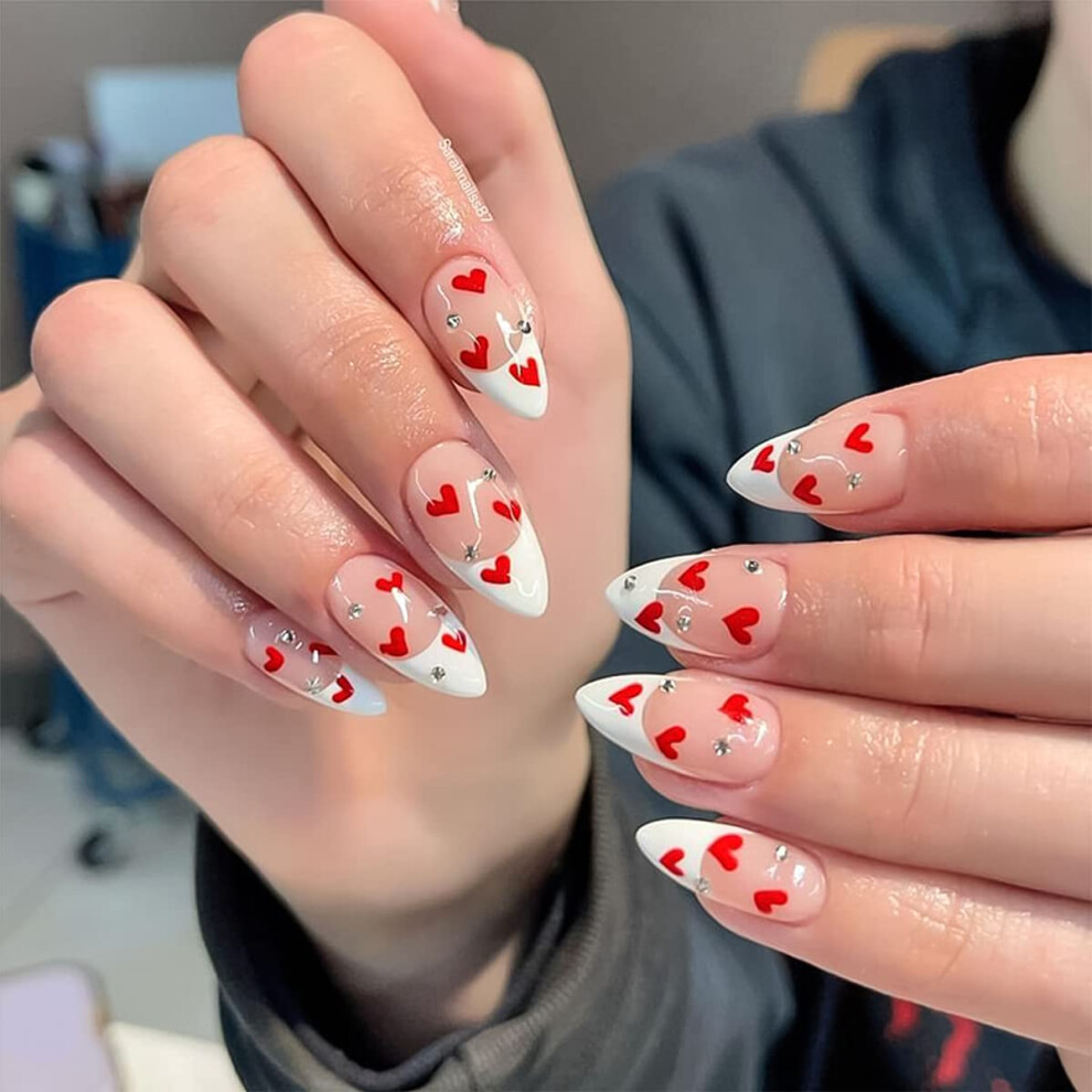 Press on Nails Almond French Tip with Rhinestones Heart Design Glossy Acrylic False Nails 24pcs