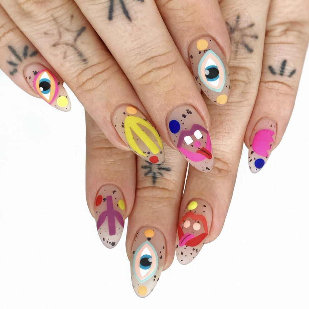 24Pcs Reusable Almond Press on Nails with Design Medium Length Fake Nails for Women