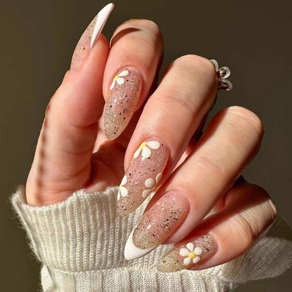 Long Ballet French Tip Press on Nails Pink Glitter Letter Design Reusable Fake Nails for Women