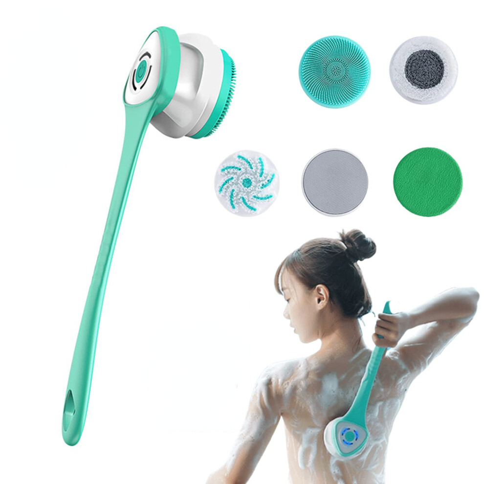 Electric Back Scrubber with Long Handle, Rechargeable Body Scrubber, 5 Brush Heads, IP67 Waterproof
