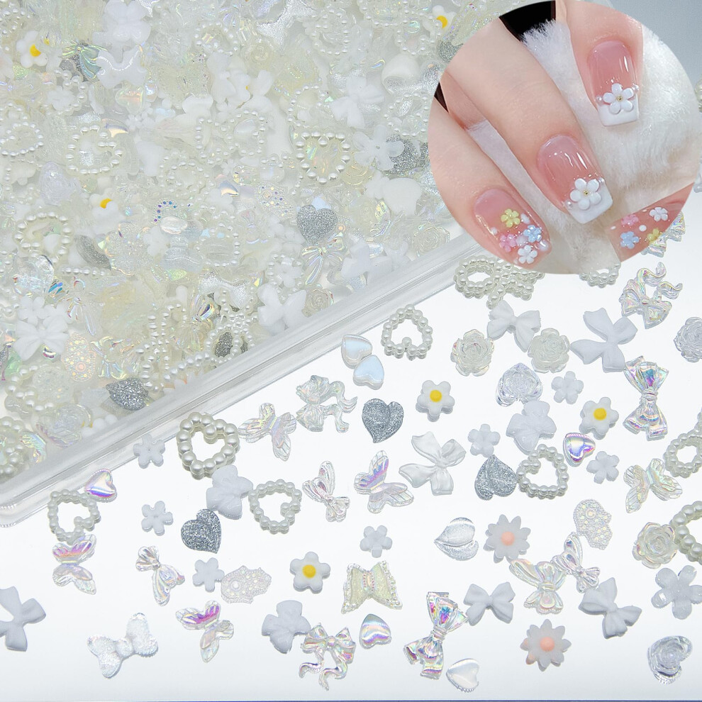 White 550Pcs 3D Nail Art Charms Set With Butterfly Bow Flower Resin Decorations For Diy Manicure