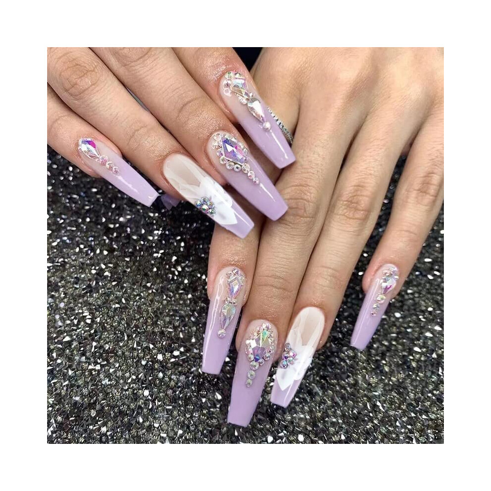Purple Long Coffin Press On Nails With Rhinestones Ombre Ballerina Fake Nails Kit Reusable Acrylic